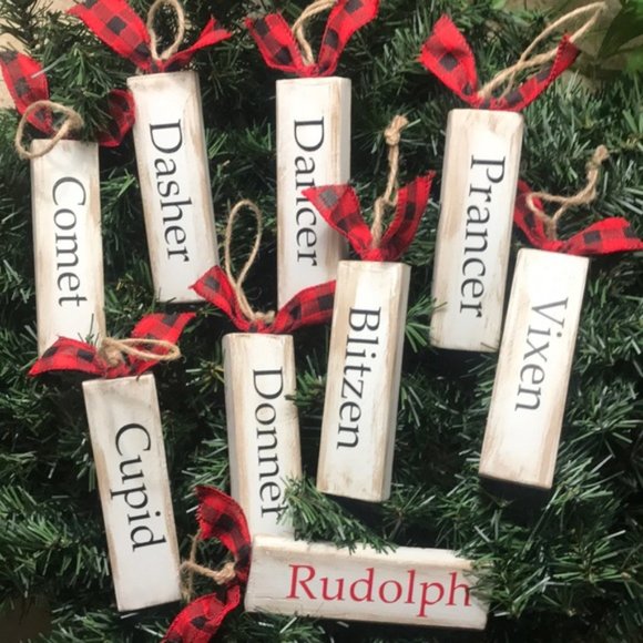 Handcrafted Christmas Reindeer Ornaments Wood Set of 9 - Picture 2 of 3